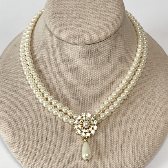 Vintage Signed 6mm Glass Faux Pearl Multi Strand Victorian Necklace Estate Pear - Picture 3 of 14